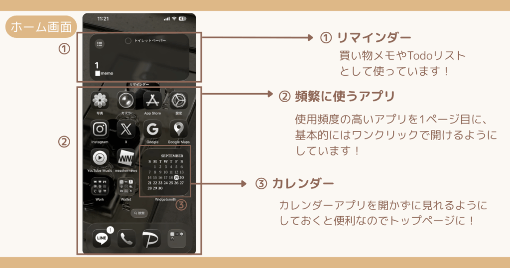 30代主婦の実用性×おしゃれ風ホーム画面｜ホーム画面①